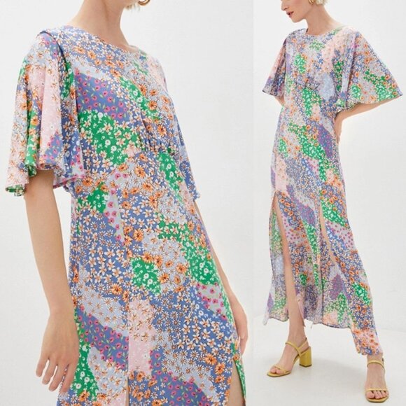 TopShop Open Back Austin Floral Patchwork Print Angel Flutter Sleeve Dress 2 - Picture 1 of 16
